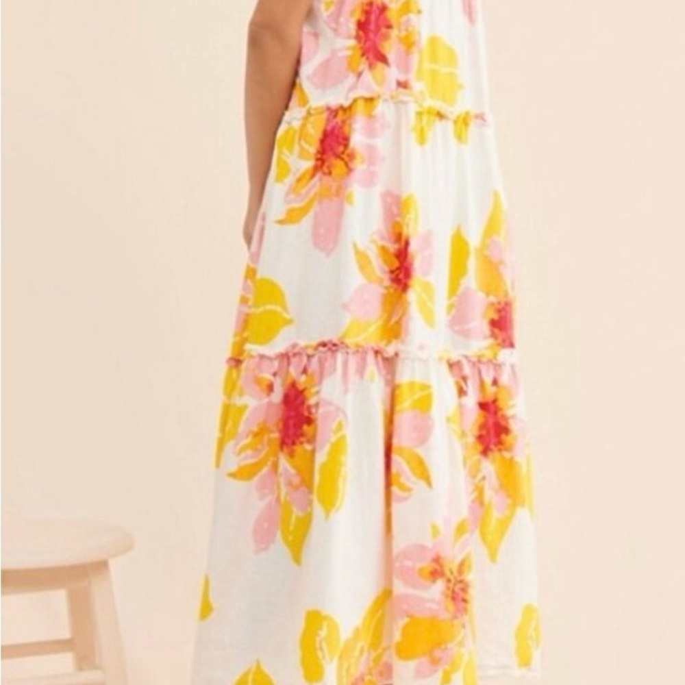 Free People White Floral Tiered Dress with Pink and Yellow Blooms